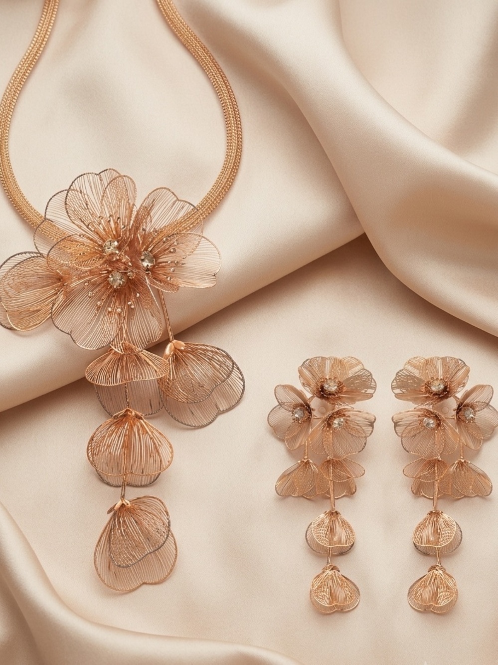 Famous Kate Middleton Gold Flower Statement Necklace and Earrings Set